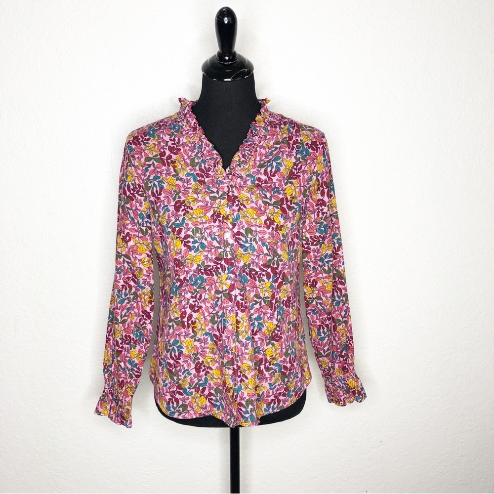 Talbots pink gold metallic floral ruffle trim button down top Medium Petite MP